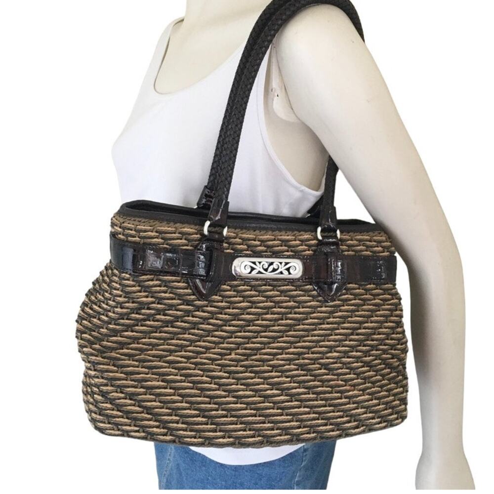 BRIGHTON Woven Straw Shoulder Bag with Croc Embossed Band